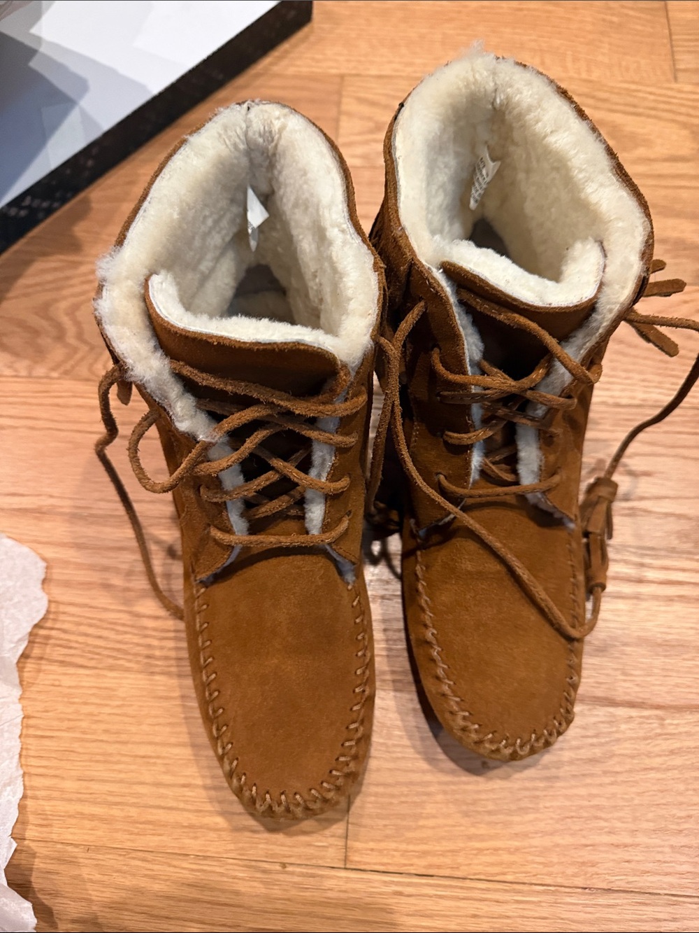 Minnetonka Brown Suede Moccasin Shoes with Cream-Tan Sole